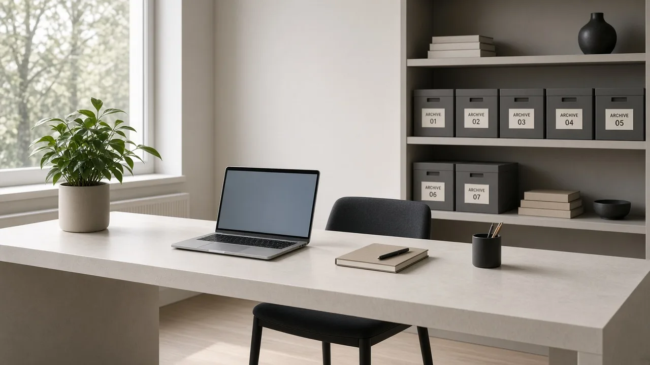 A quiet studio desk with a laptop, a notebook, and shelves of archive boxes.