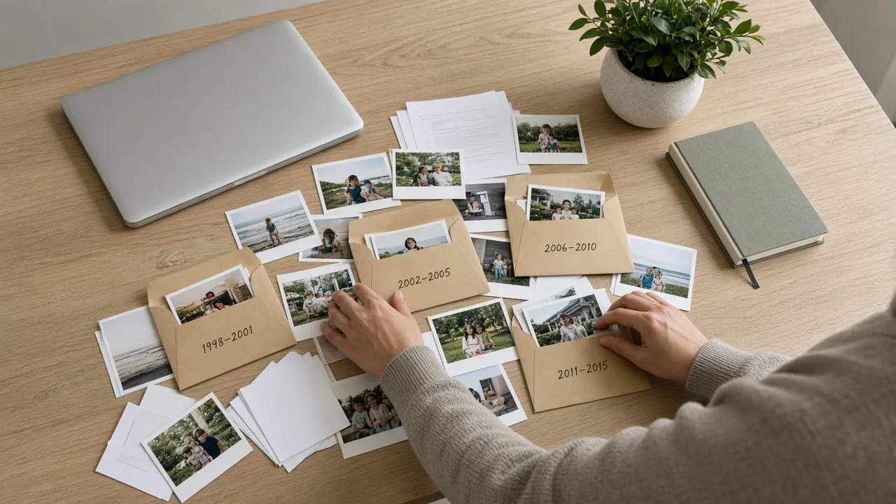 Hands sorting printed photographs into dated envelopes, with a closed laptop beside the table.