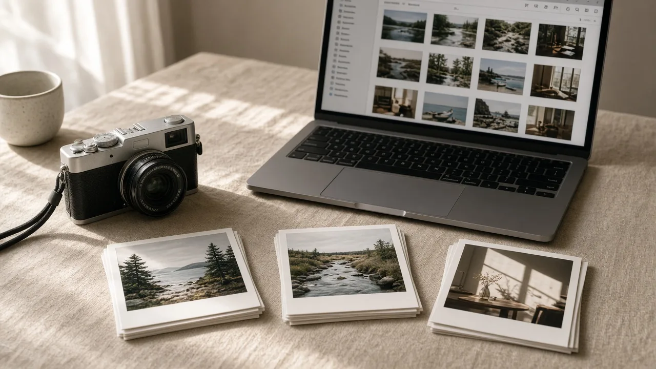 A camera and three stacks of printed photographs beside a laptop showing a photo grid.