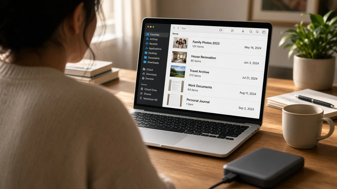 A person reviewing folders of family photos, travel files, and work documents, with an external drive on the desk.