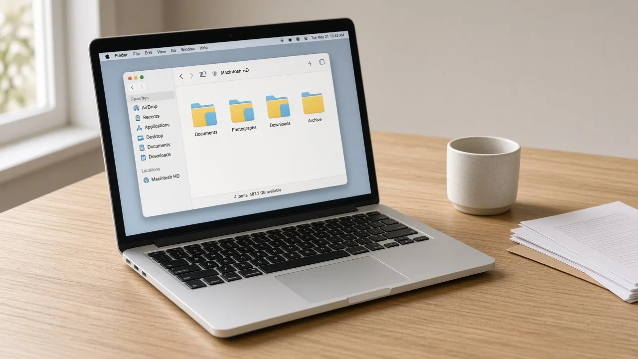 A silver laptop on a wooden desk, with Documents, Photographs, Downloads, and Archive arranged on the screen.