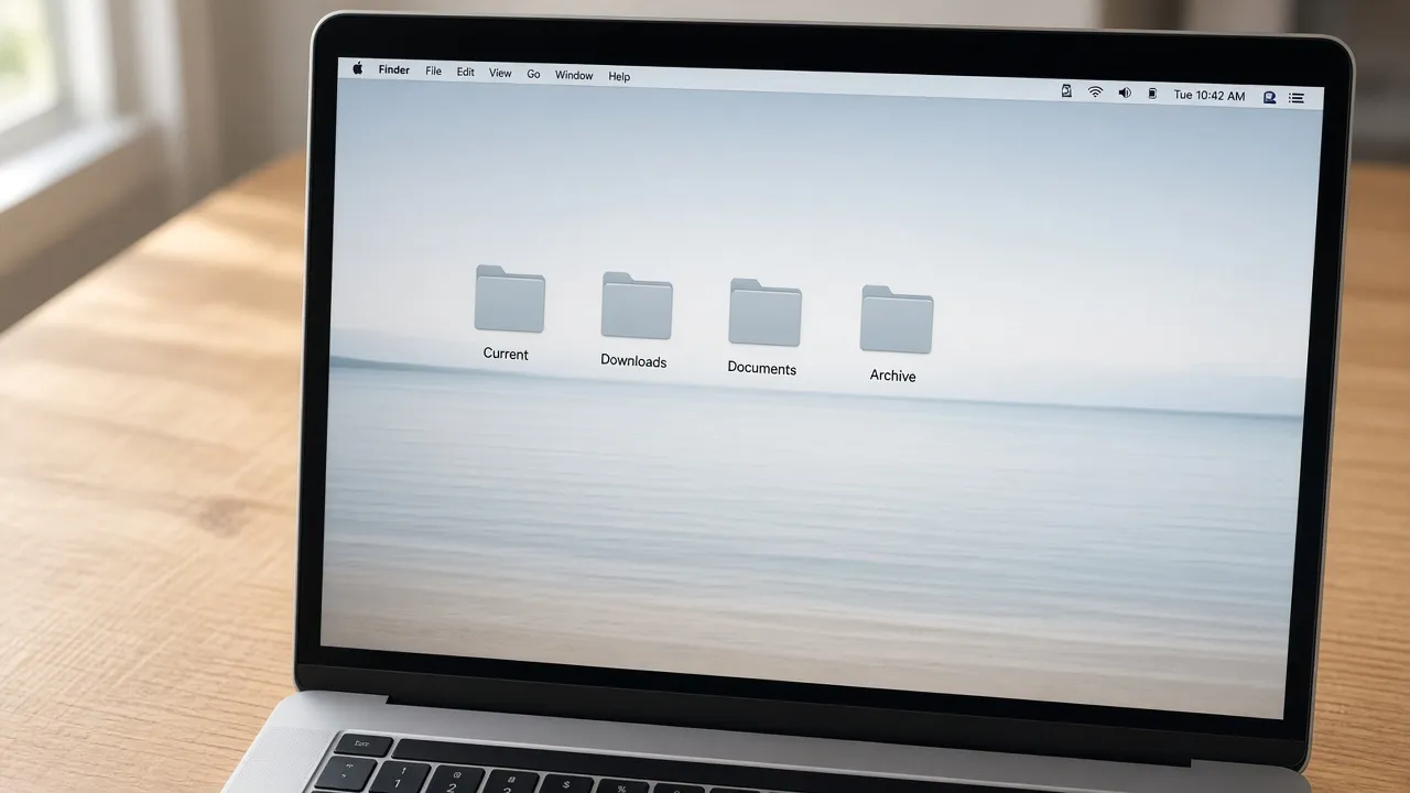 A laptop desktop with folders for Current, Downloads, Documents, and Archive.