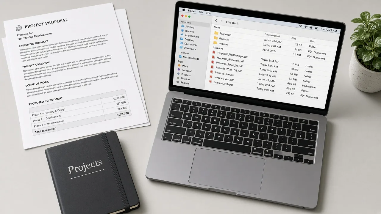 Printed project documents beside a laptop showing proposal, record, and invoice folders.