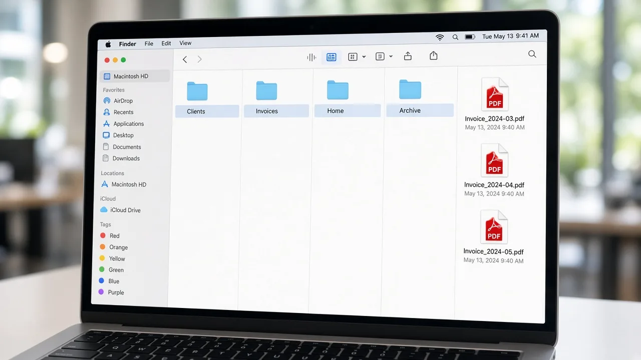 Finder column view with folders for Clients, Invoices, Home, and Archive.